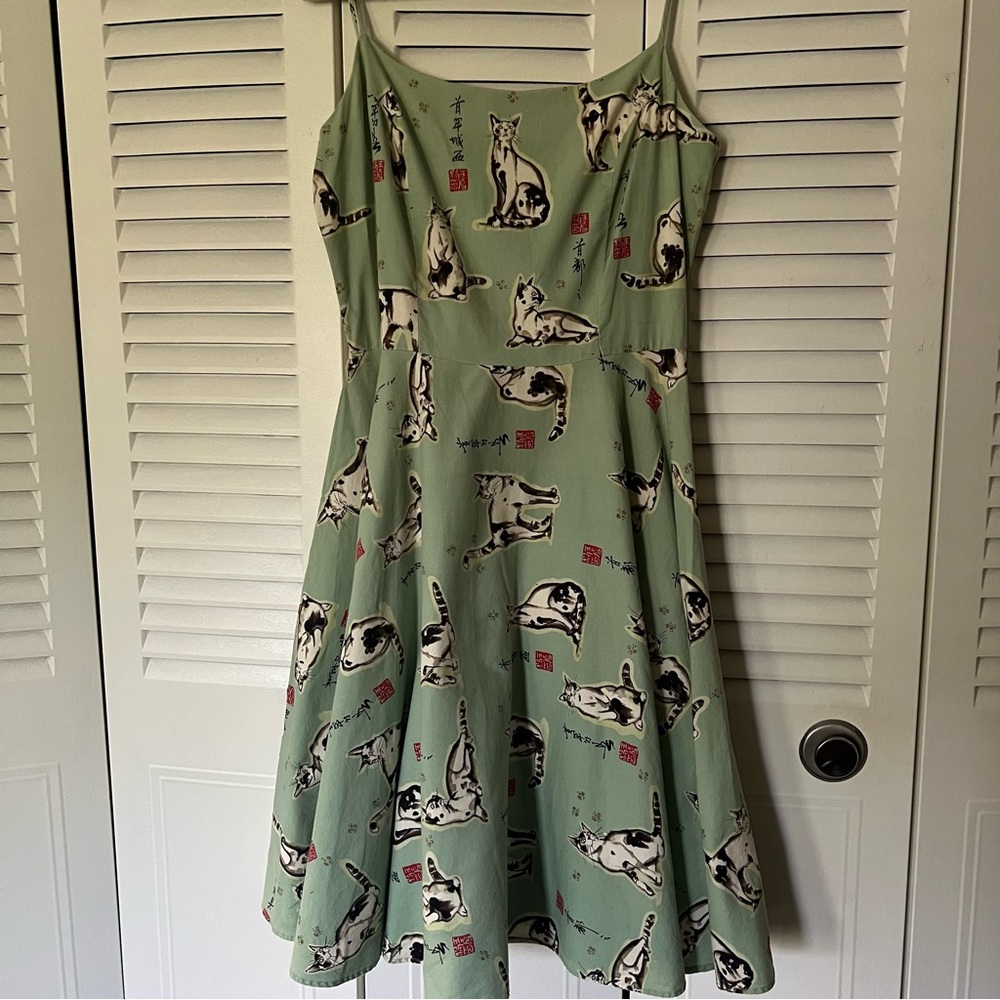 Vintage Green Cat Print homemade Dress - Picture 2 of 5